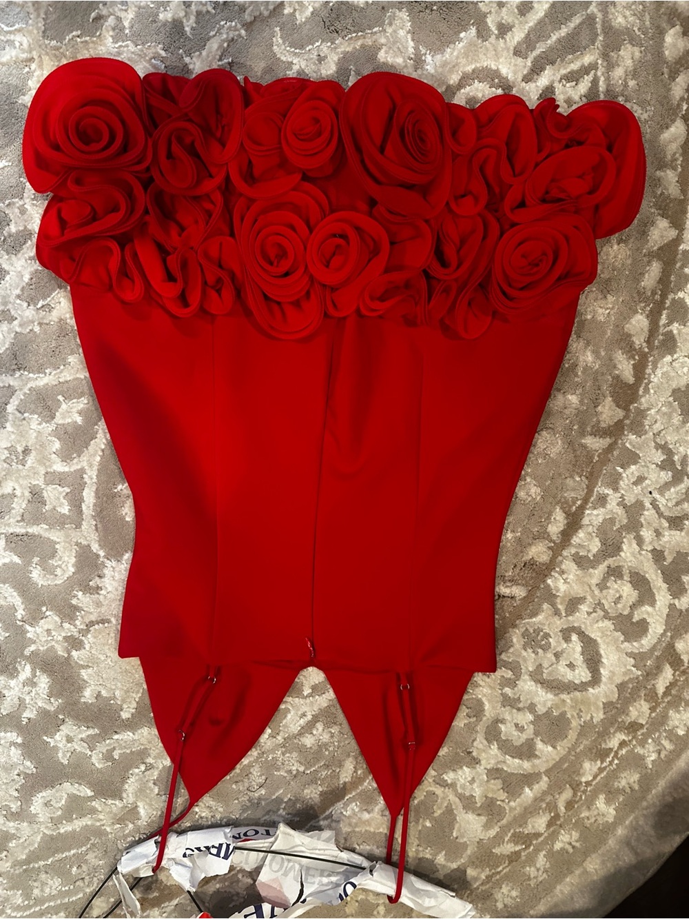 Zara Red Strapless Mini Dress with Rosette Trim
